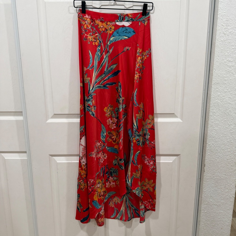 Lulus Tropical Floral High Low Maxi Skirt Satin Finish Tulip Hem Summer Resort